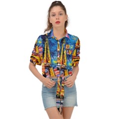 Eiffel Tower Starry Night Print Van Gogh Tie Front Shirt  by Sarkoni