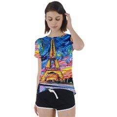 Eiffel Tower Starry Night Print Van Gogh Short Sleeve Open Back T-shirt by Sarkoni