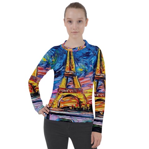 Eiffel Tower Starry Night Print Van Gogh Women s Pique Long Sleeve T-shirt by Sarkoni