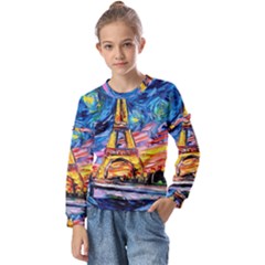 Eiffel Tower Starry Night Print Van Gogh Kids  Long Sleeve T-shirt With Frill 