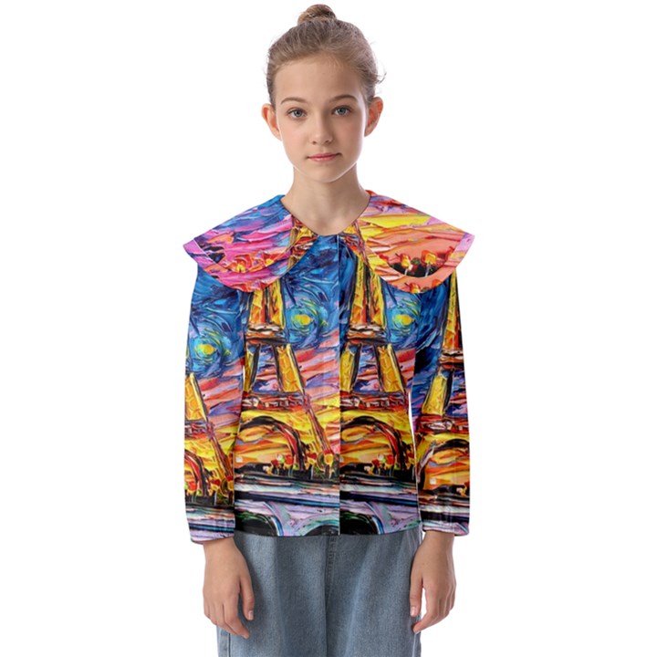 Eiffel Tower Starry Night Print Van Gogh Kids  Peter Pan Collar Blouse