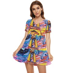 Eiffel Tower Starry Night Print Van Gogh Tiered Short Sleeve Babydoll Dress by Sarkoni