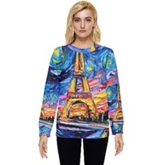 Eiffel Tower Starry Night Print Van Gogh Hidden Pocket Sweatshirt by Sarkoni