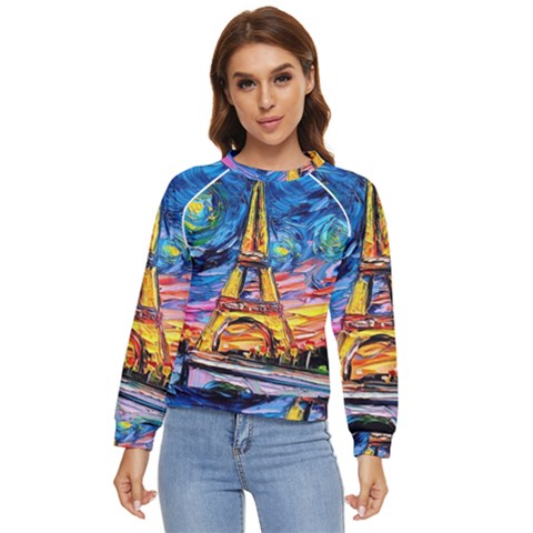 Eiffel Tower Starry Night Print Van Gogh Women s Long Sleeve Raglan T-shirt by Sarkoni