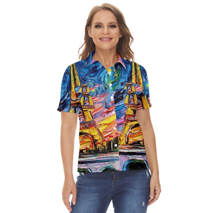 Eiffel Tower Starry Night Print Van Gogh Women s Short Sleeve Double Pocket Shirt