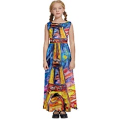 Eiffel Tower Starry Night Print Van Gogh Kids  Satin Sleeveless Maxi Dress by Sarkoni