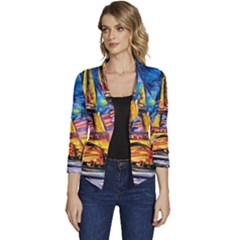 Eiffel Tower Starry Night Print Van Gogh Women s Casual 3/4 Sleeve Spring Jacket by Sarkoni