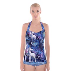 Unicorn Starry Night Print Van Gogh Boyleg Halter Swimsuit  by Sarkoni