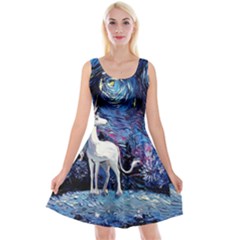 Unicorn Starry Night Print Van Gogh Reversible Velvet Sleeveless Dress