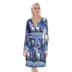 Unicorn Starry Night Print Van Gogh Long Sleeve Velvet Front Wrap Dress by Sarkoni