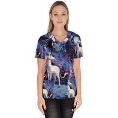 Unicorn Starry Night Print Van Gogh Women s V-neck Scrub Top by Sarkoni