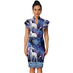 Unicorn Starry Night Print Van Gogh Vintage Frill Sleeve V-neck Bodycon Dress by Sarkoni