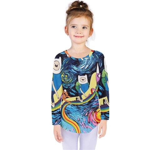 Cartoon Parody  Art Starry Night Van Gogh Kids  Long Sleeve T-shirt by Sarkoni