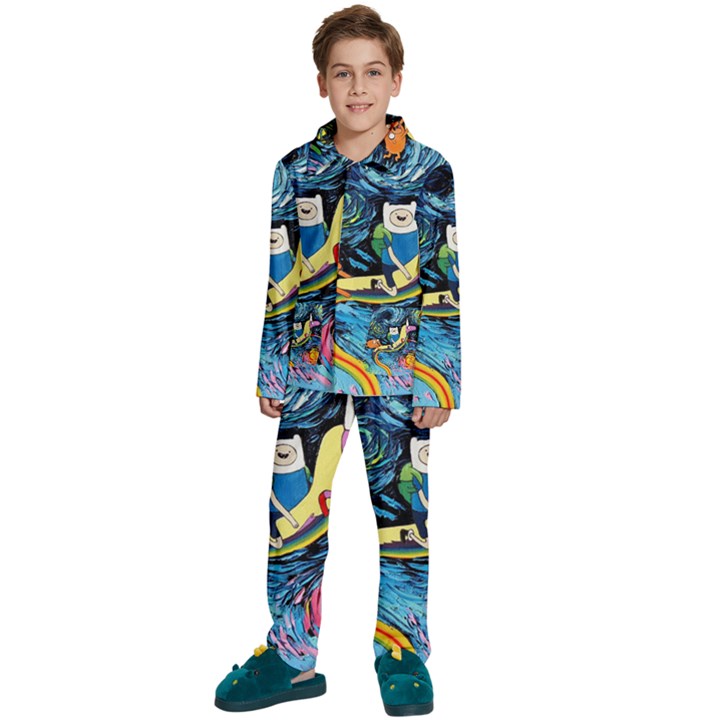 Cartoon Parody  Art Starry Night Van Gogh Kids  Long Sleeve Velvet Pajamas Set