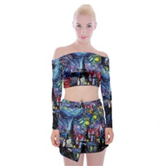 Castle Starry Night Print Van Gogh Parody Off Shoulder Top With Mini Skirt Set by Sarkoni