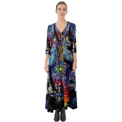 Castle Starry Night Print Van Gogh Parody Button Up Boho Maxi Dress