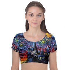 Castle Starry Night Print Van Gogh Parody Velvet Short Sleeve Crop Top  by Sarkoni