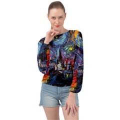 Castle Starry Night Print Van Gogh Parody Banded Bottom Chiffon Top by Sarkoni