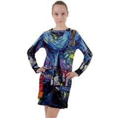 Castle Starry Night Print Van Gogh Parody Long Sleeve Hoodie Dress by Sarkoni