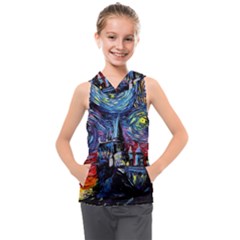 Castle Starry Night Print Van Gogh Parody Kids  Sleeveless Hoodie by Sarkoni