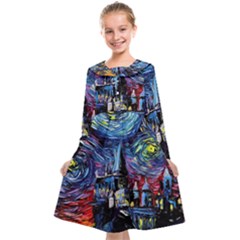 Castle Starry Night Print Van Gogh Parody Kids  Midi Sailor Dress by Sarkoni