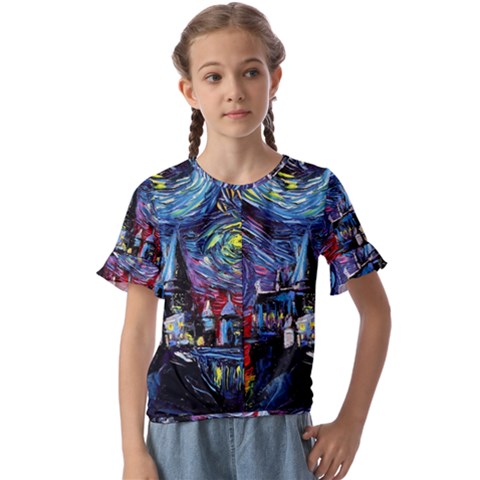 Castle Starry Night Print Van Gogh Parody Kids  Cuff Sleeve Scrunch Bottom T-shirt by Sarkoni