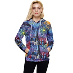 Castle Starry Night Print Van Gogh Parody Women s Lightweight Drawstring Hoodie