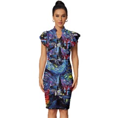 Castle Starry Night Print Van Gogh Parody Vintage Frill Sleeve V-neck Bodycon Dress by Sarkoni