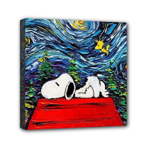 Dog Cartoon Vincent Van Gogh s Starry Night Parody Mini Canvas 6  X 6  (stretched)