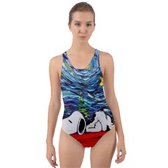 Dog Cartoon Vincent Van Gogh s Starry Night Parody Cut-out Back One Piece Swimsuit by Sarkoni