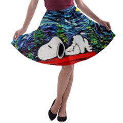 Dog Cartoon Vincent Van Gogh s Starry Night Parody A-line Skater Skirt by Sarkoni