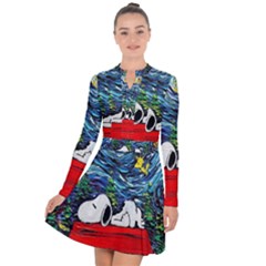 Dog Cartoon Vincent Van Gogh s Starry Night Parody Long Sleeve Panel Dress by Sarkoni