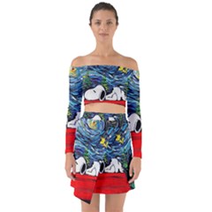 Dog Cartoon Vincent Van Gogh s Starry Night Parody Off Shoulder Top With Skirt Set by Sarkoni