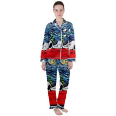 Dog Cartoon Vincent Van Gogh s Starry Night Parody Women s Long Sleeve Satin Pajamas Set	