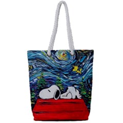 Dog Cartoon Vincent Van Gogh s Starry Night Parody Full Print Rope Handle Tote (small)