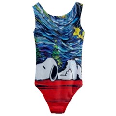 Dog Cartoon Vincent Van Gogh s Starry Night Parody Kids  Cut-out Back One Piece Swimsuit by Sarkoni