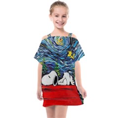 Dog Cartoon Vincent Van Gogh s Starry Night Parody Kids  One Piece Chiffon Dress by Sarkoni