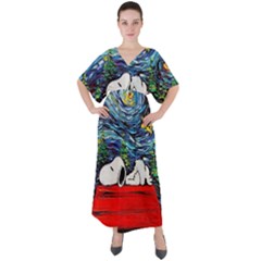 Dog Cartoon Vincent Van Gogh s Starry Night Parody V-neck Boho Style Maxi Dress by Sarkoni