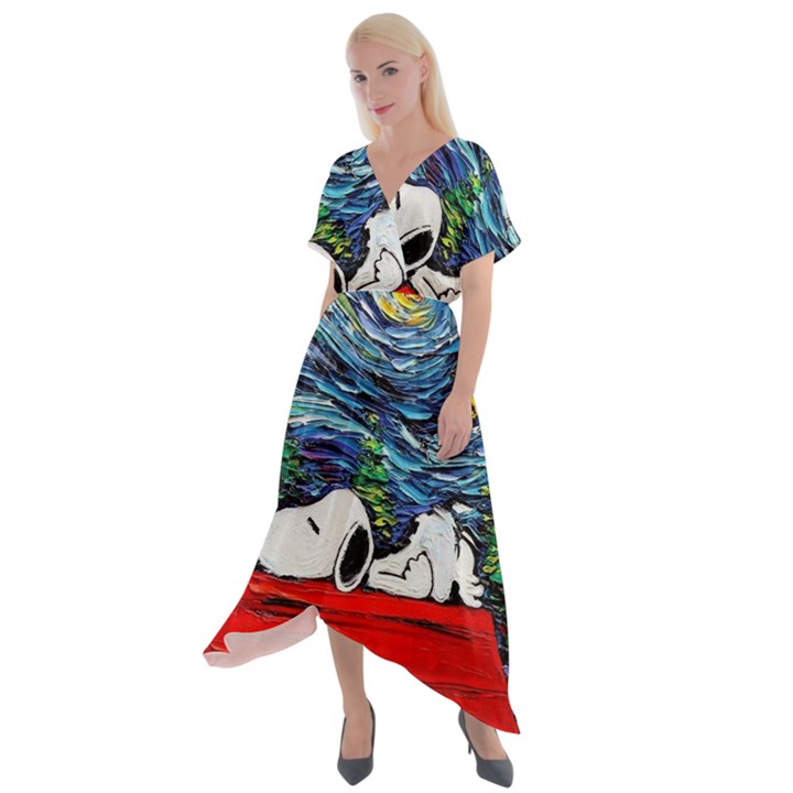 Dog Cartoon Vincent Van Gogh s Starry Night Parody Cross Front Sharkbite Hem Maxi Dress