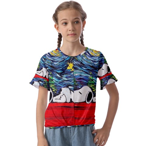 Dog Cartoon Vincent Van Gogh s Starry Night Parody Kids  Cuff Sleeve Scrunch Bottom T-shirt by Sarkoni