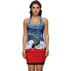 Dog Cartoon Vincent Van Gogh s Starry Night Parody Sleeveless Wide Square Neckline Ruched Bodycon Dress by Sarkoni