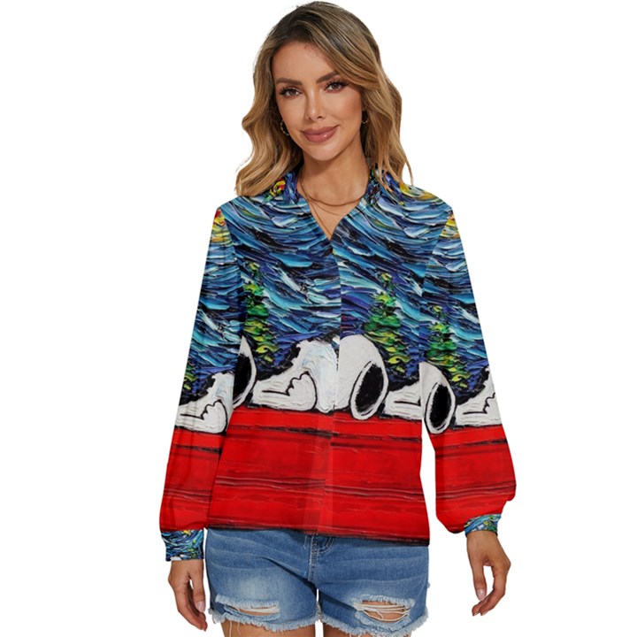 Dog Cartoon Vincent Van Gogh s Starry Night Parody Women s Long Sleeve Button Up Shirt