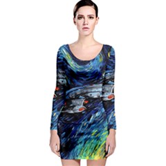 Spaceship Galaxy Parody Art Starry Night Long Sleeve Bodycon Dress by Sarkoni