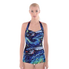 Spaceship Galaxy Parody Art Starry Night Boyleg Halter Swimsuit  by Sarkoni