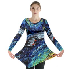 Spaceship Galaxy Parody Art Starry Night Long Sleeve Tunic  by Sarkoni