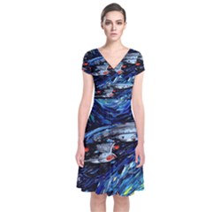 Spaceship Galaxy Parody Art Starry Night Short Sleeve Front Wrap Dress by Sarkoni