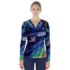 Spaceship Galaxy Parody Art Starry Night V-neck Long Sleeve Top by Sarkoni