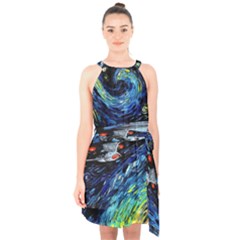 Spaceship Galaxy Parody Art Starry Night Halter Collar Waist Tie Chiffon Dress by Sarkoni