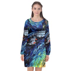 Spaceship Galaxy Parody Art Starry Night Long Sleeve Chiffon Shift Dress  by Sarkoni