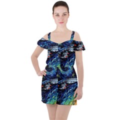 Spaceship Galaxy Parody Art Starry Night Ruffle Cut Out Chiffon Playsuit by Sarkoni